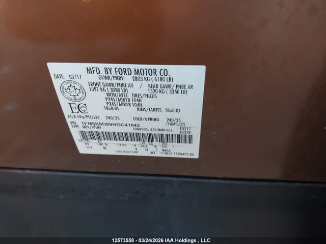 1FM5K8D89HGC41942 Ford EXPLORER XLT