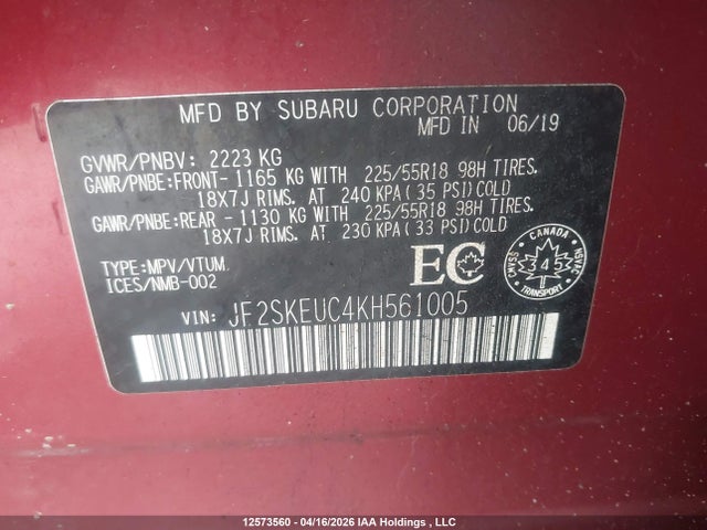 Aukcja sprzedaży 2019 Subaru Forester Limited, vin: JF2SKEUC4KH561005, numer aukcji: 12573560
