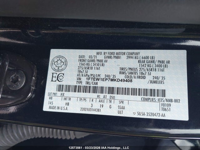 2021 Ford F150 Supercrew მანქანა იყიდება აუქციონზე, vin: 1FTEW1EP7MKD49408, აუქციონის ნომერი: 12573561