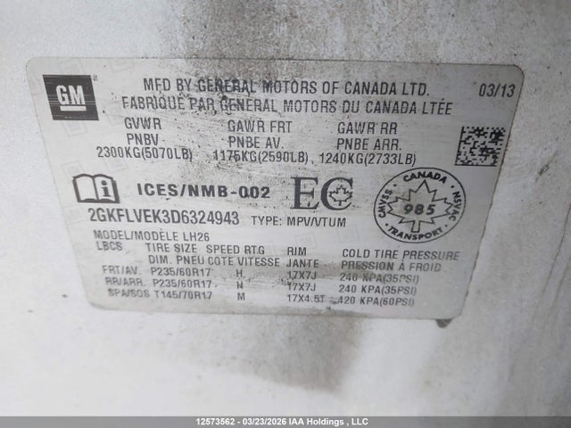 12573562 :رقم المزاد ، 2GKFLVEK3D6324943 vin ، 2013 Gmc Terrain Slt مزاد بيع