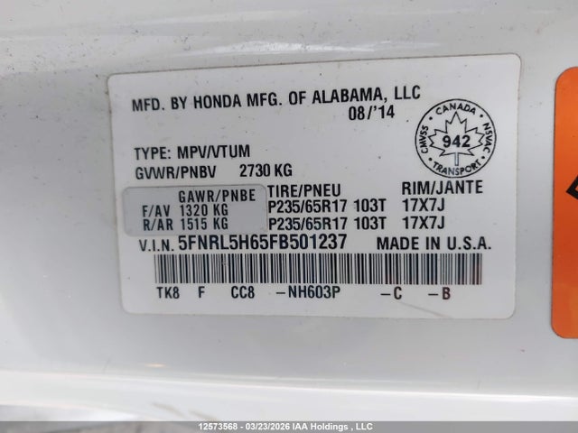 2015 Honda Odyssey Ex-l მანქანა იყიდება აუქციონზე, vin: 5FNRL5H65FB501237, აუქციონის ნომერი: 12573568