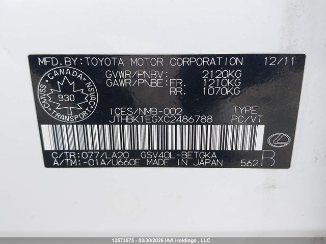 Продажа на аукционе авто 2012 Lexus Es 350 350, vin: JTHBK1EGXC2486788, номер лота: 12573575