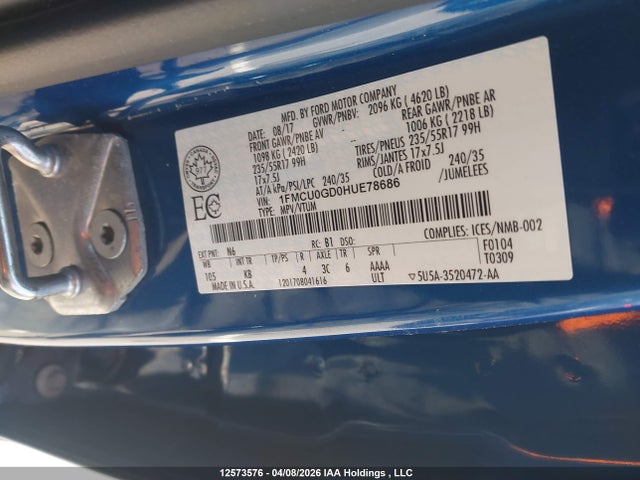 2017 Ford Escape მანქანა იყიდება აუქციონზე, vin: 1FMCU0GD0HUE78686, აუქციონის ნომერი: 12573576