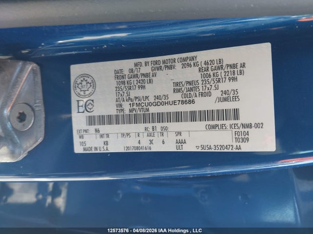 2017 Ford Escape მანქანა იყიდება აუქციონზე, vin: 1FMCU0GD0HUE78686, აუქციონის ნომერი: 12573576
