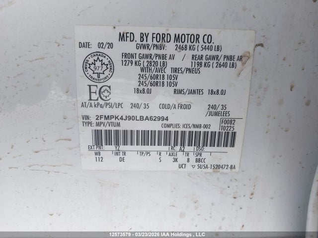 Продаж на аукціоні авто 2020 Ford Edge, vin: 2FMPK4J90LBA62994, номер лоту: 12573579