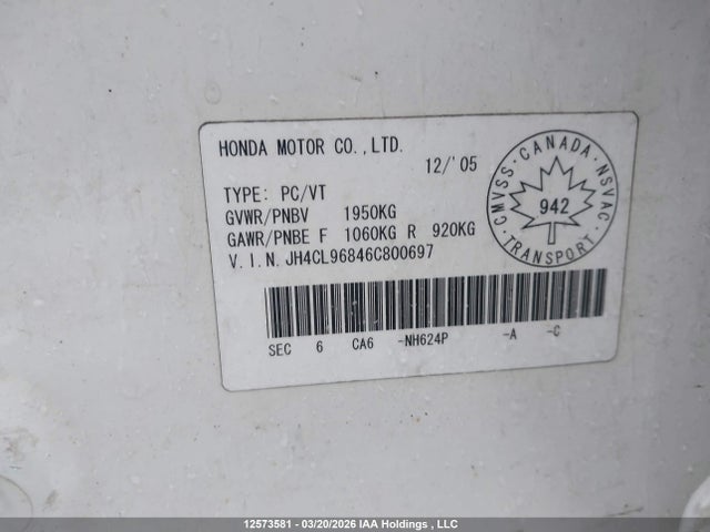 12573581 :رقم المزاد ، JH4CL96846C800697 vin ، 2006 Acura Tsx مزاد بيع