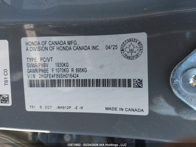2025 Honda Civic Sport Hybrid/sport Touring Hybrid მანქანა იყიდება აუქციონზე, vin: 2HGFE4F89SH016424, აუქციონის ნომერი: 12573582