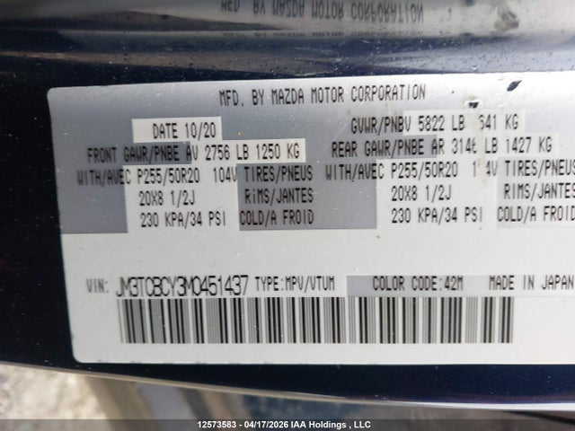 Aukcja sprzedaży 2021 Mazda Cx-9, vin: JM3TCBCY3M0451437, numer aukcji: 12573583
