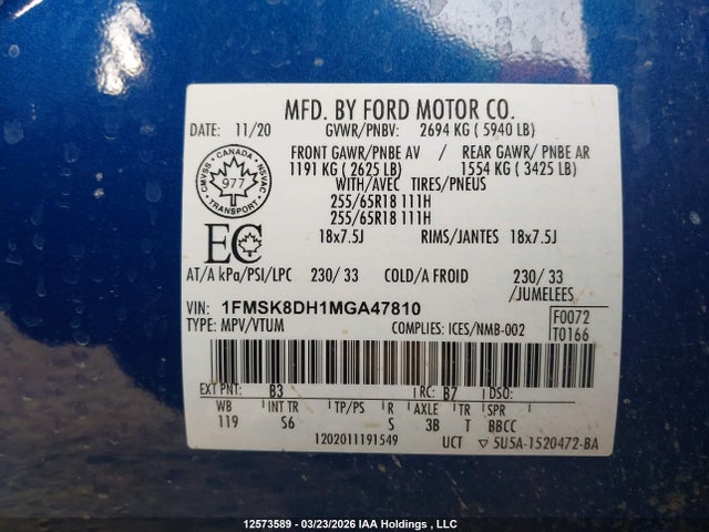 Aukcja sprzedaży 2021 Ford Explorer Xlt, vin: 1FMSK8DH1MGA47810, numer aukcji: 12573589