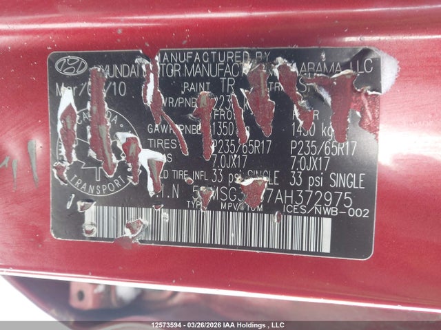 Продажа на аукционе авто 2010 Hyundai Santa Fe Gl 2.4, vin: 5NMSG3AB7AH372975, номер лота: 12573594
