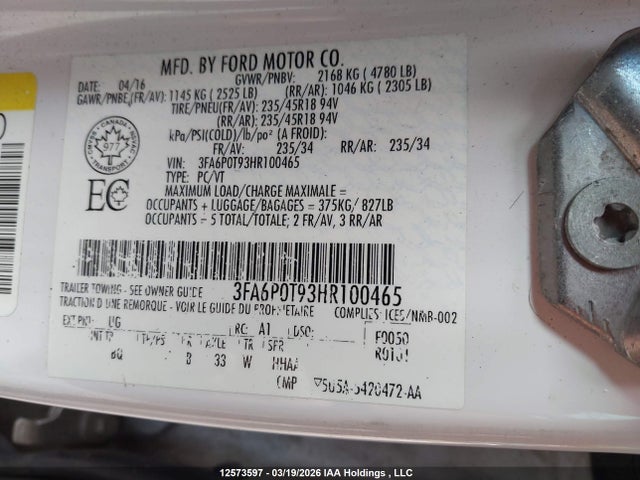 Продажа на аукционе авто 2017 Ford Fusion Se, vin: 3FA6P0T93HR100465, номер лота: 12573597