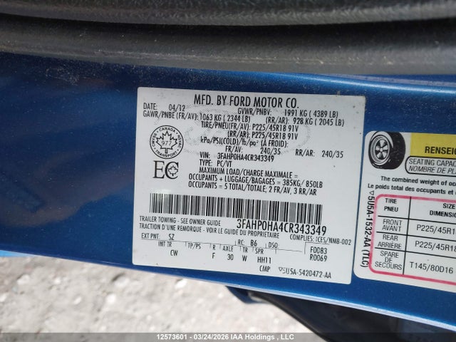 Aukcja sprzedaży 2012 Ford Fusion Se, vin: 3FAHP0HA4CR343349, numer aukcji: 12573601