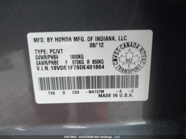 12573603 :رقم المزاد ، 19VDE1F78DE401864 vin ، 2013 Acura Ilx 20 Tech مزاد بيع