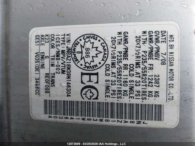 Продажа на аукционе авто 2009 Nissan Murano S/sl/le, vin: JN8AZ18W39W146304, номер лота: 12573609