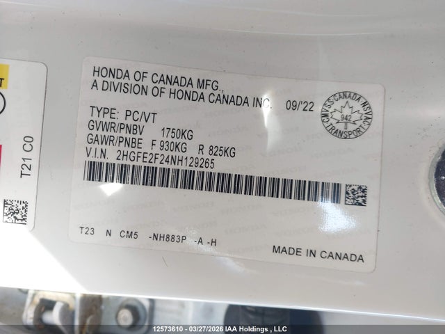 Продаж на аукціоні авто 2022 Honda Civic Lx, vin: 2HGFE2F24NH129265, номер лоту: 12573610