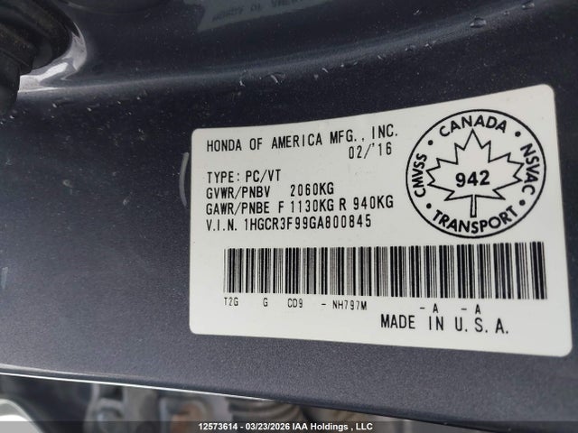 1HGCR3F99GA800845 Honda Accord Touring V6
