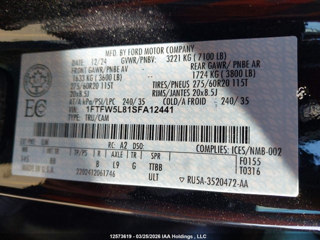 Auction sale of the 2025 Ford F150 Lariat, vin: 1FTFW5L81SFA12441, lot number: 12573619