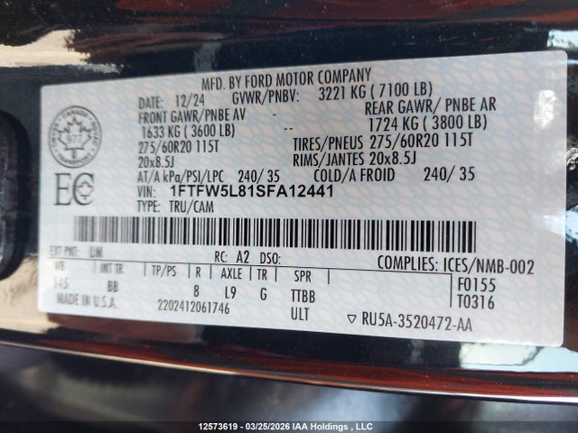 Auction sale of the 2025 Ford F150 Lariat, vin: 1FTFW5L81SFA12441, lot number: 12573619