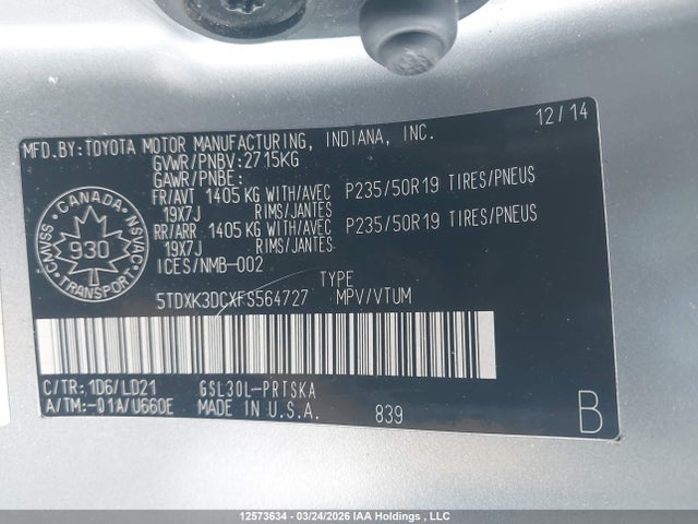 5TDXK3DCXFS564727 Toyota Sienna Se 8 Passenger