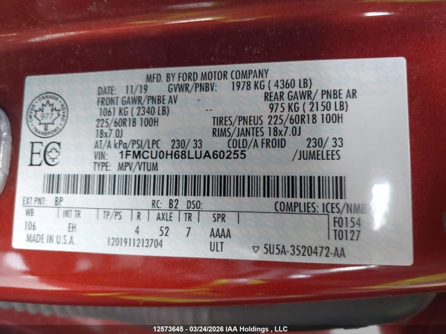 1FMCU0H68LUA60255 Ford ESCAPE SEL