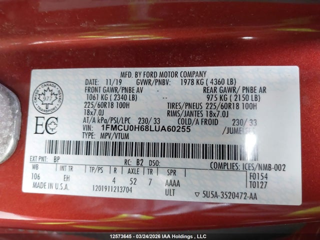 1FMCU0H68LUA60255 Ford ESCAPE SEL