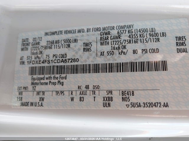 12573647 :رقم المزاد ، 1FDXE4FS1CDA67280 vin ، 2012 Ford E-450 Cutaway مزاد بيع