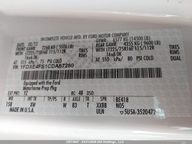 12573647 :رقم المزاد ، 1FDXE4FS1CDA67280 vin ، 2012 Ford E-450 Cutaway مزاد بيع