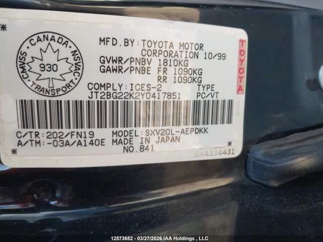 12573652 :رقم المزاد ، JT2BG22K2Y0417851 vin ، 2000 Toyota Camry Ce/le/xle مزاد بيع
