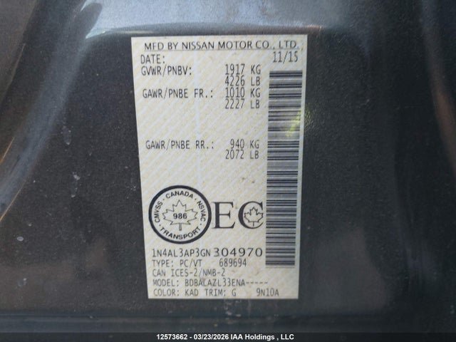 1N4AL3AP3GN304970 Nissan Altima 2.5/s/sv/sl/sr