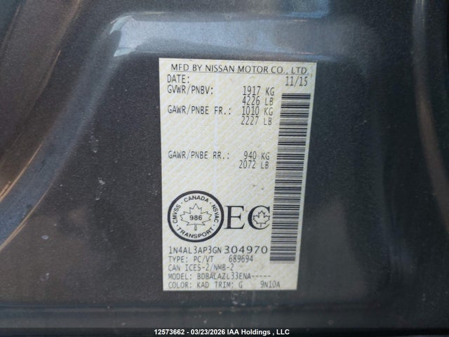 1N4AL3AP3GN304970 Nissan Altima 2.5/s/sv/sl/sr