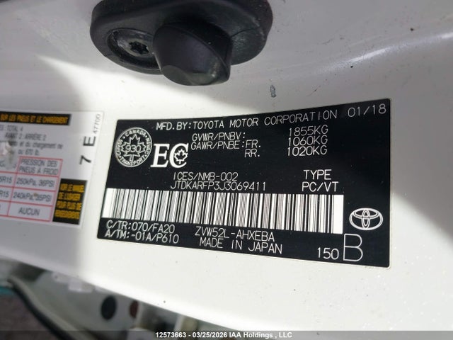 2018 Toyota Prius Prime მანქანა იყიდება აუქციონზე, vin: JTDKARFP3J3069411, აუქციონის ნომერი: 12573663