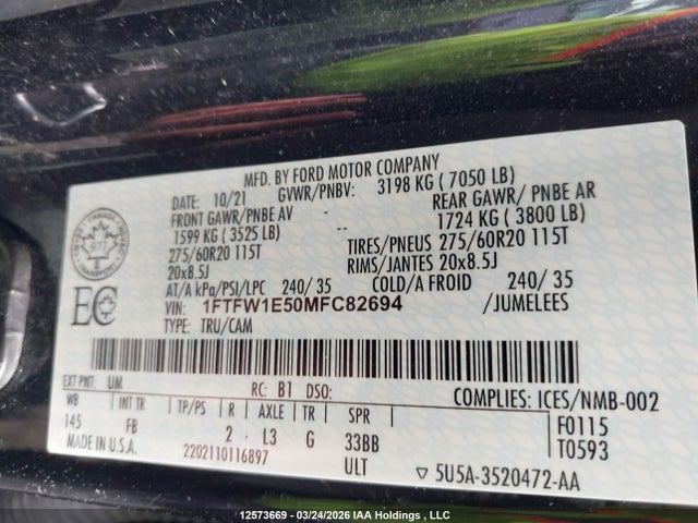 12573669 :رقم المزاد ، 1FTFW1E50MFC82694 vin ، 2021 Ford F-150 Xlt مزاد بيع
