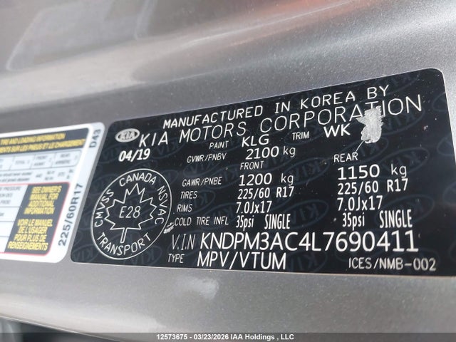 12573675 :رقم المزاد ، KNDPM3AC4L7690411 vin ، 2020 Kia Sportage مزاد بيع