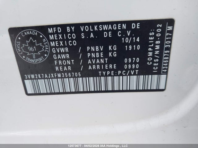12573677 :رقم المزاد ، 3VW2K7AJXFM356705 vin ، 2015 Volkswagen Jetta مزاد بيع