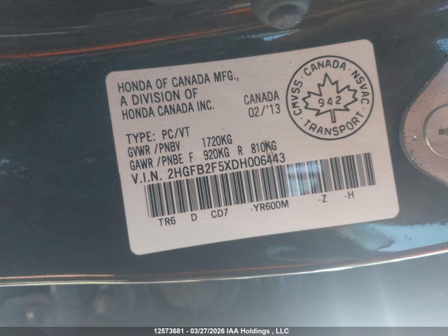 Продаж на аукціоні авто 2013 Honda Civic Ex, vin: 2HGFB2F5XDH006443, номер лоту: 12573681