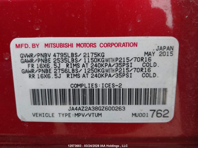 12573683 :رقم المزاد ، JA4AZ2A38GZ600263 vin ، 2016 Mitsubishi Outlander Es مزاد بيع