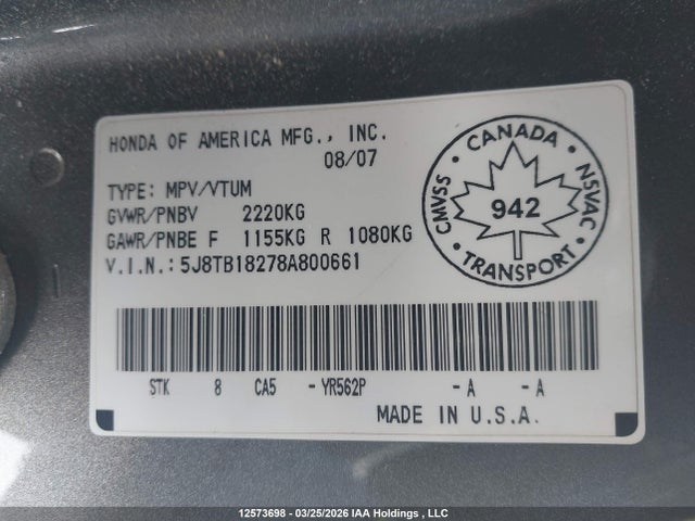 12573698 :رقم المزاد ، 5J8TB18278A800661 vin ، 2008 Acura Rdx مزاد بيع