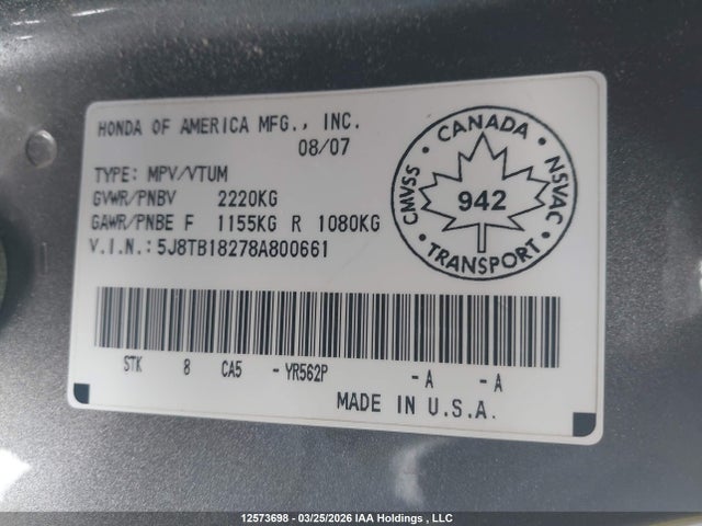 12573698 :رقم المزاد ، 5J8TB18278A800661 vin ، 2008 Acura Rdx مزاد بيع
