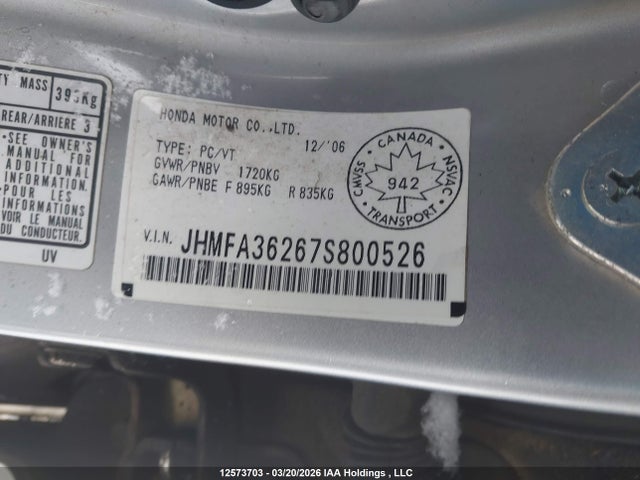 Продаж на аукціоні авто 2007 Honda Civic Hybrid, vin: JHMFA36267S800526, номер лоту: 12573703