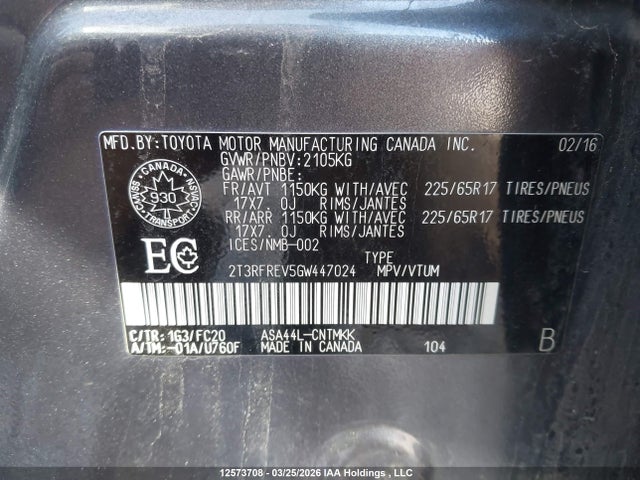 12573708 :رقم المزاد ، 2T3RFREV5GW447024 vin ، 2016 Toyota Rav4 مزاد بيع