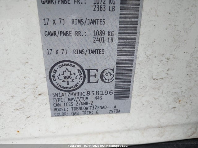 5N1AT2MV9HC858196 Nissan Rogue S/sl Platinum/sv