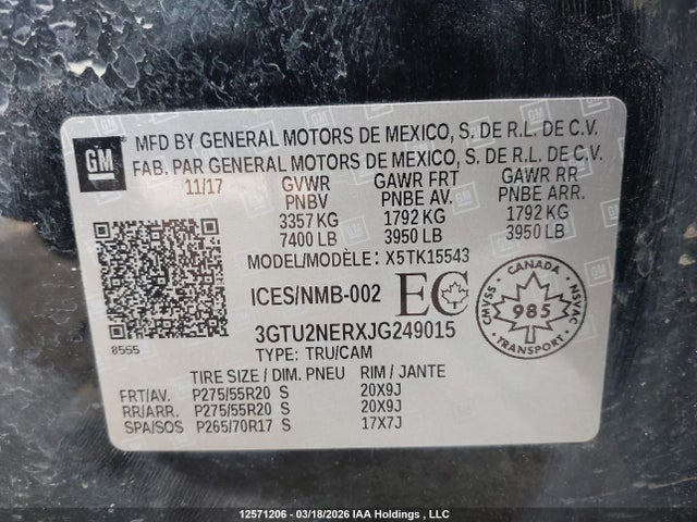 Aukcja sprzedaży 2018 Gmc Sierra 1500 Slt, vin: 3GTU2NERXJG249015, numer aukcji: 12571206
