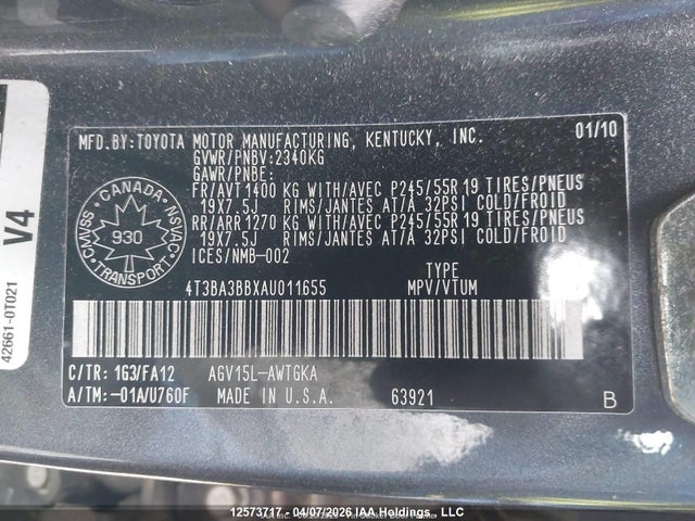 12573717 :رقم المزاد ، 4T3BA3BBXAU011655 vin ، 2010 Toyota Venza مزاد بيع