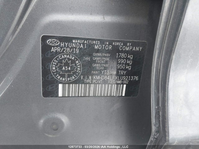 12573733 :رقم المزاد ، KMHD84LFXLU921376 vin ، 2020 Hyundai Elantra Preferred With Sun And Safety Package Auto Ivt مزاد بيع