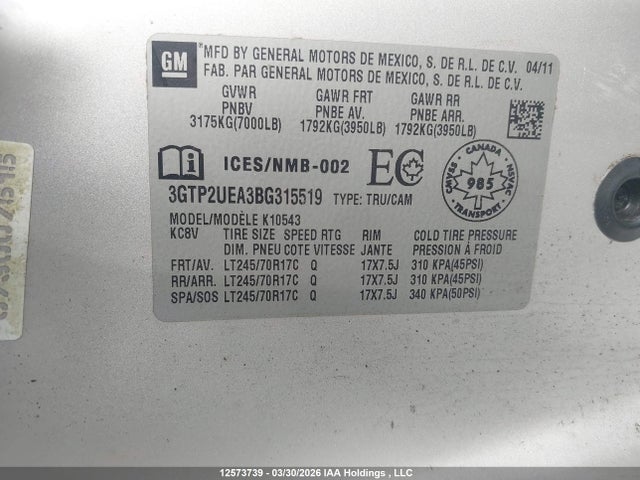 Aukcja sprzedaży 2011 Gmc Sierra 1500 Sl, vin: 3GTP2UEA3BG315519, numer aukcji: 12573739