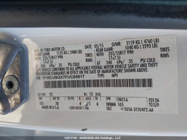 Продаж на аукціоні авто 2015 Ford Escape Se, vin: 1FMCU9GX7FUC65617, номер лоту: 12573740