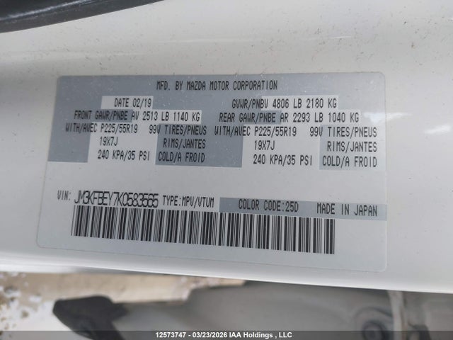 12573747 :رقم المزاد ، JM3KFBEY7K0583565 vin ، 2019 Mazda Cx-5 Signature مزاد بيع