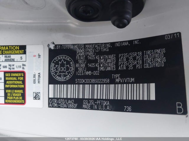 12573750 :رقم المزاد ، 5TDDK3DC8BS022958 vin ، 2011 Toyota Sienna Xle/limited مزاد بيع
