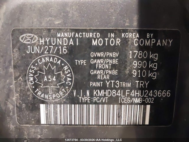 KMHD84LF4HU243666 Hyundai Elantra