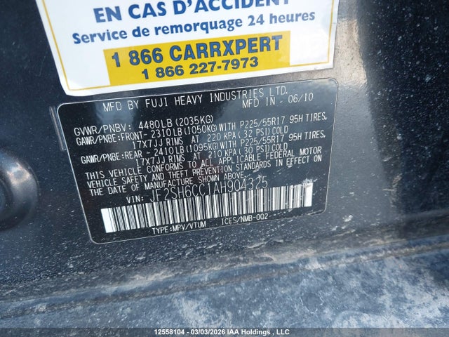 Продаж на аукціоні авто 2010 Subaru Forester 2.5 X/2.5 X Touring Package, vin: JF2SH6CC1AH904325, номер лоту: 12558104